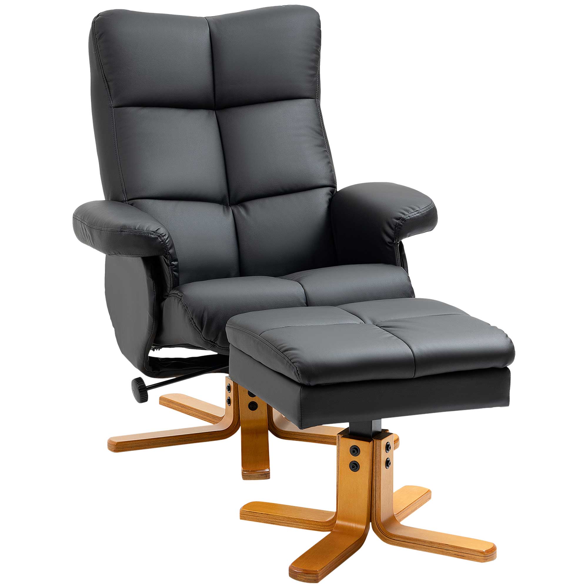 Recliner Armchair, Swivel Reclining Chair With Ottoman, Swivel Faux Leather Chair with Wooden Base and Storage Footstool for Living Room, Black