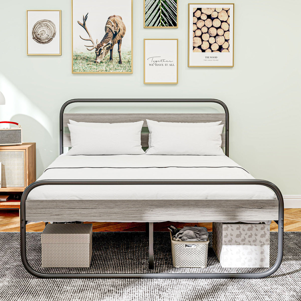 4ft6 Double Bed Frame, Industrial Style Metal Platform Bed Frame with Under Bed Storage, No Box Spring Needed, Easy Assembly, Grey