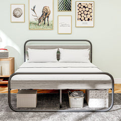 4ft6 Double Bed Frame, Industrial Style Metal Platform Bed Frame with Under Bed Storage, No Box Spring Needed, Easy Assembly, Grey