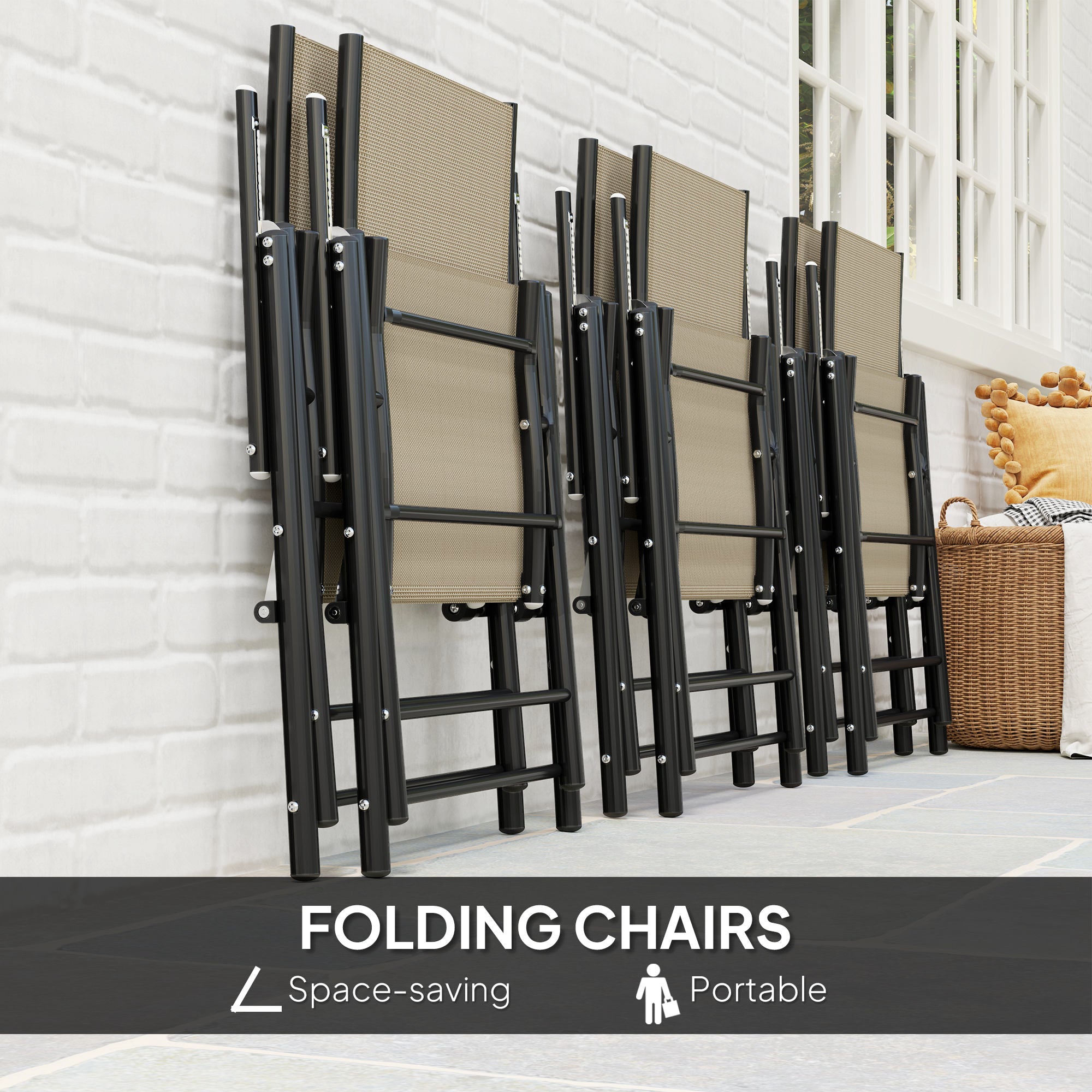 Seven-Piece Steel Outdoor Dining Set, with Parasol Hole - Khaki