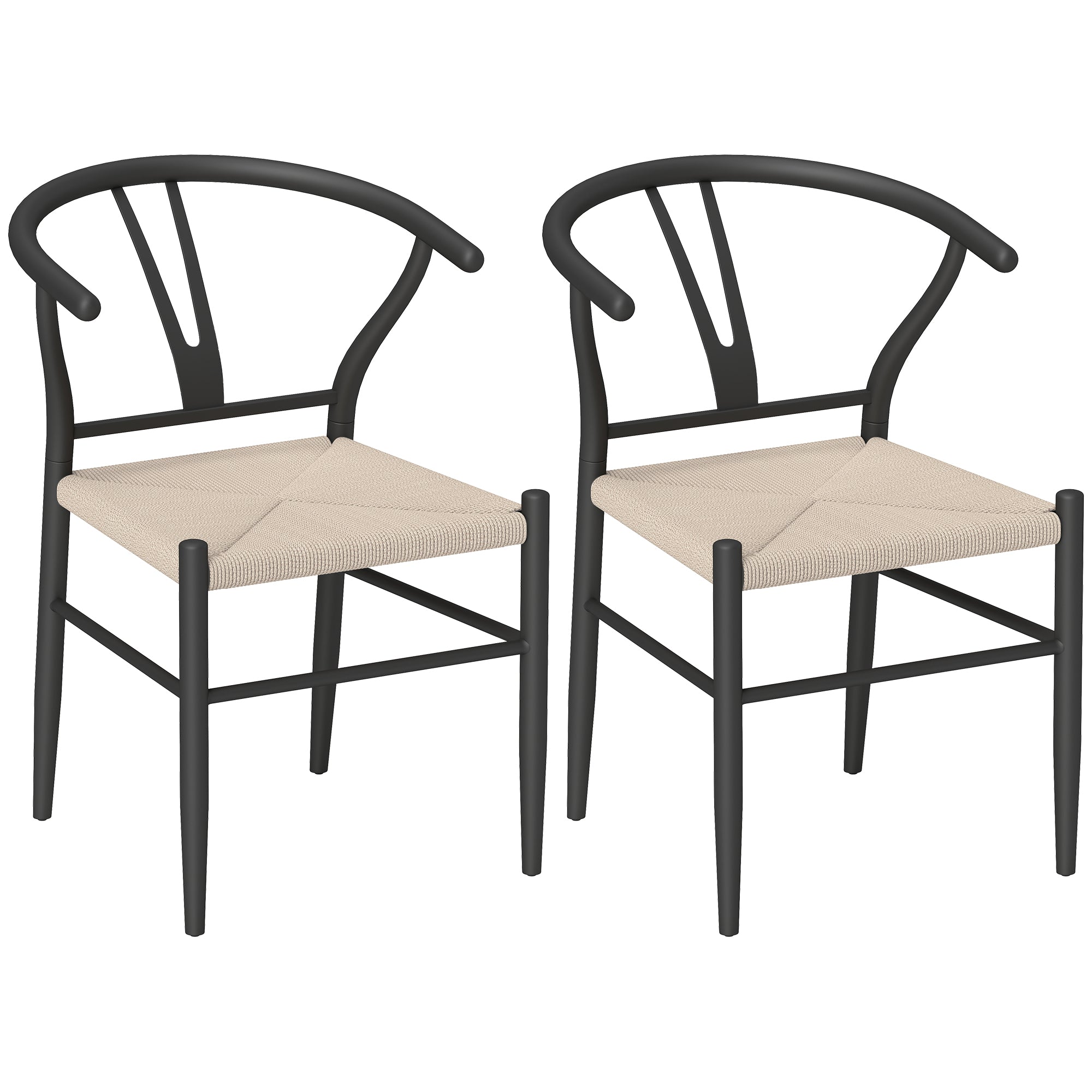 Set of Two Weave Dining Chairs with Y-Shaped Backrest Hemp Seat - Black/Beige