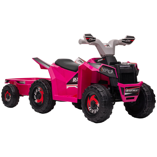 6V Quad Bike with Back Trailer, Wear-Resistant Wheels, for Ages 18-36 Months, Pink