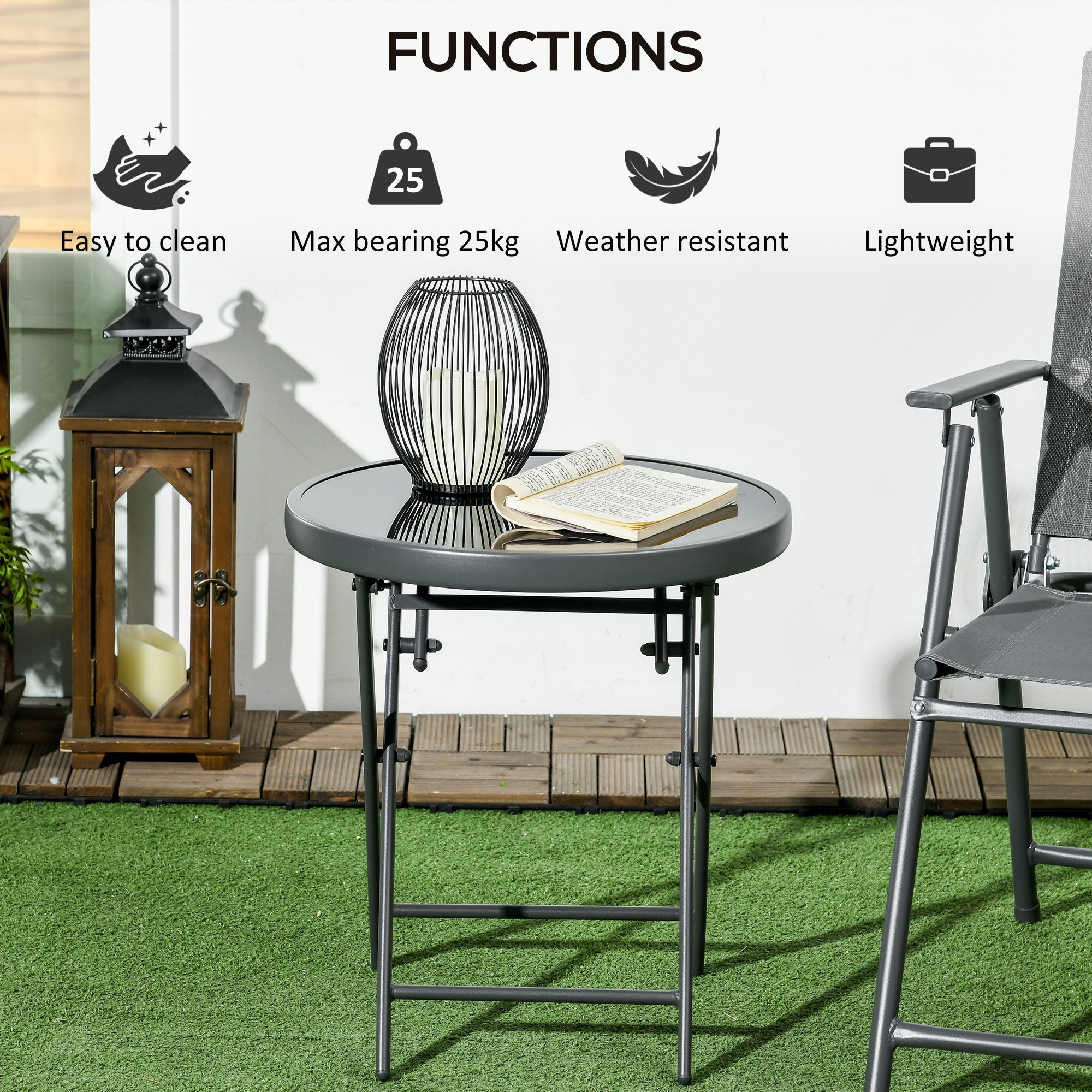 Φ45cm Garden Side Table, Outdoor Round Folding Patio Table with Imitation Marble Glass Top, Small Coffee Table, Black