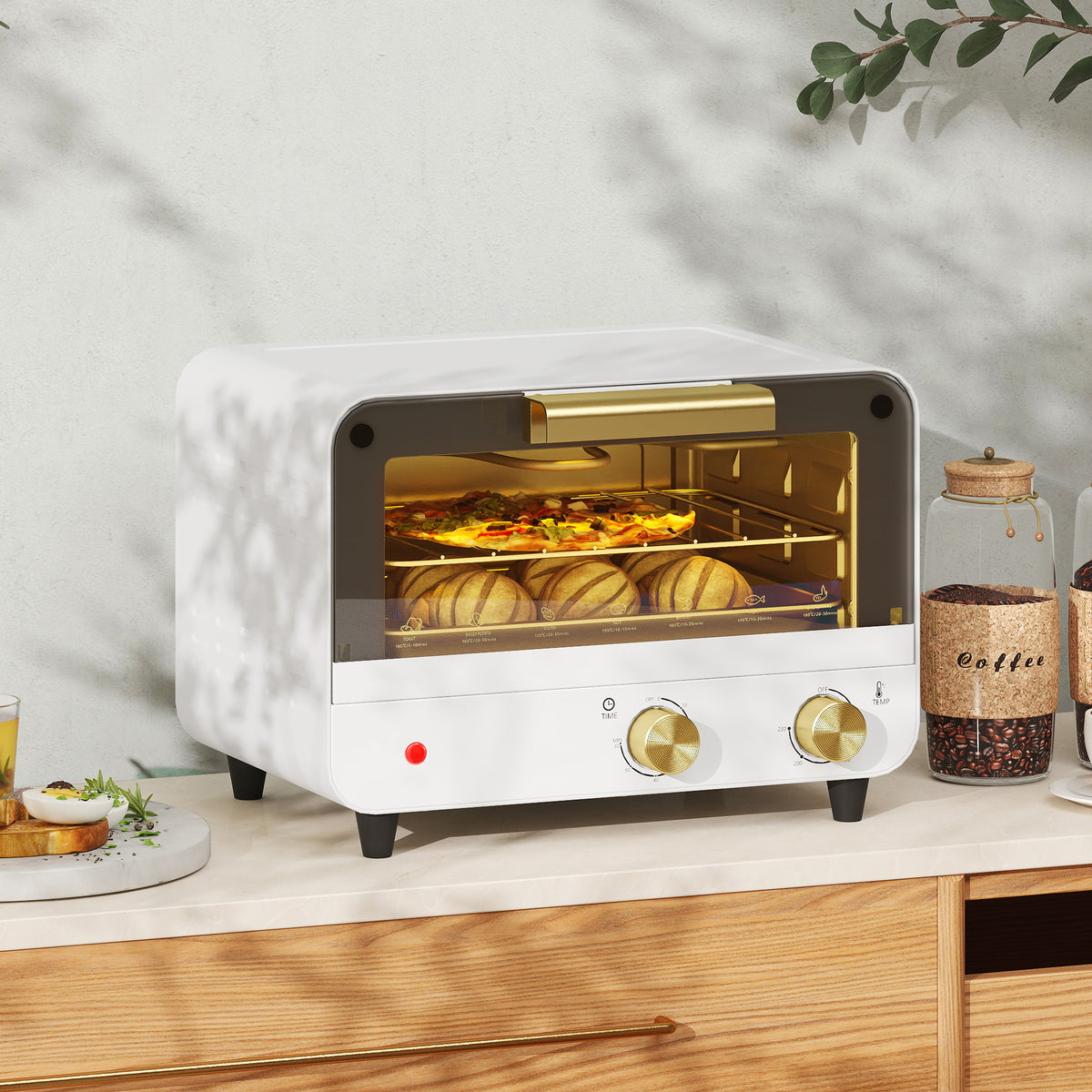 Small Toaster Oven, 12L Multifunction Mini Countertop Oven with Glass Door, Adjustable Temperature and Timer, Accessory Included, 750W, White