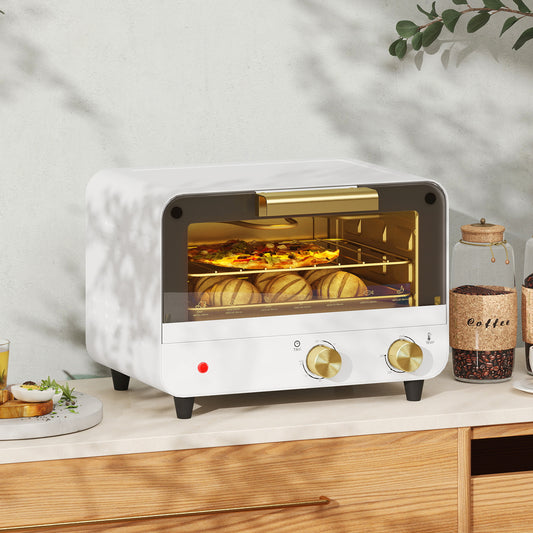 Small Toaster Oven, 12L Multifunction Mini Countertop Oven with Glass Door, Adjustable Temperature and Timer, Accessory Included, 750W, White