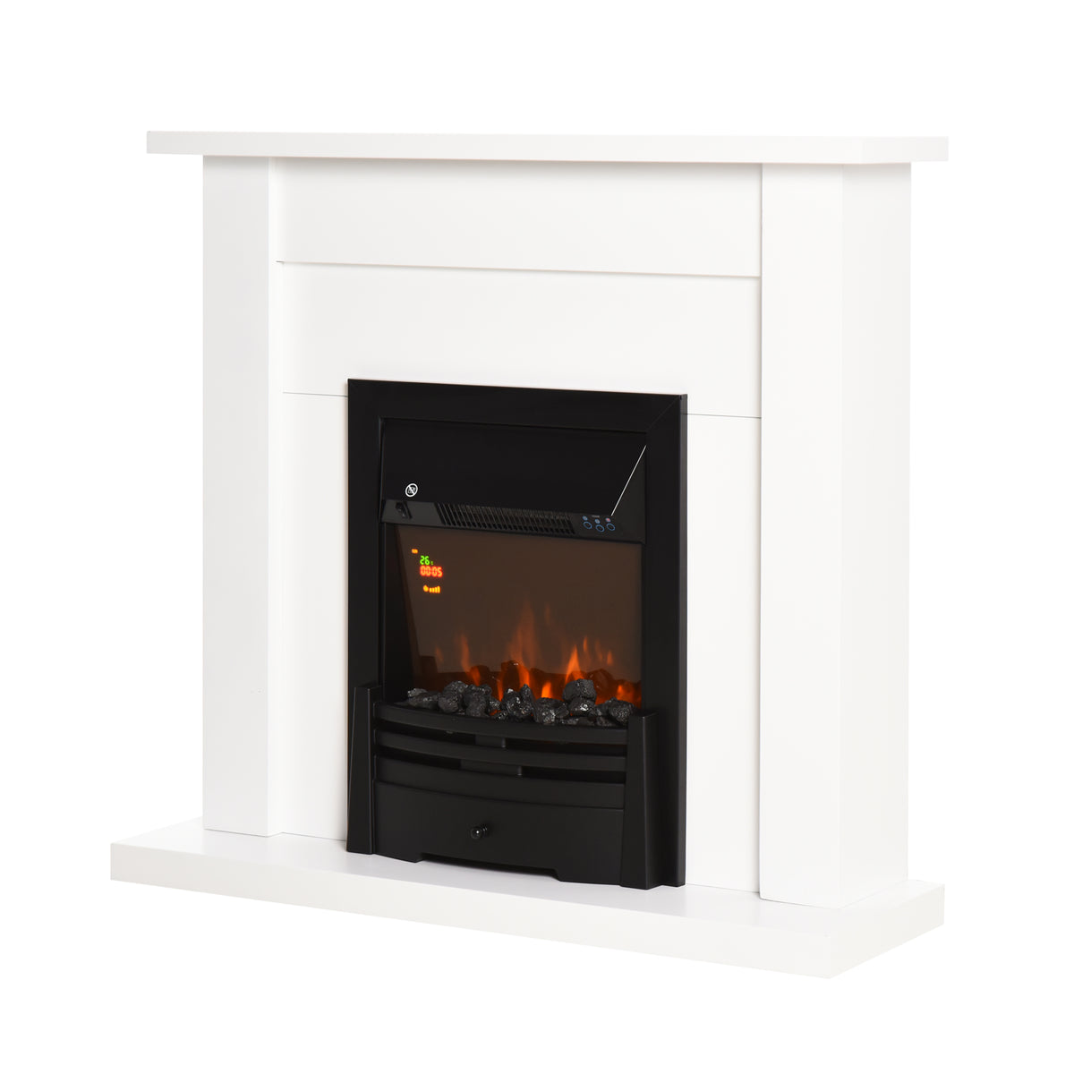 Fynco - Electric Firplace Suites & Mantelpiece w/LED Flames Remote Marble Stone Modern Curved Surround Intelligent Safe Tempered Glass Adjustable Thermal 1000W/2000W