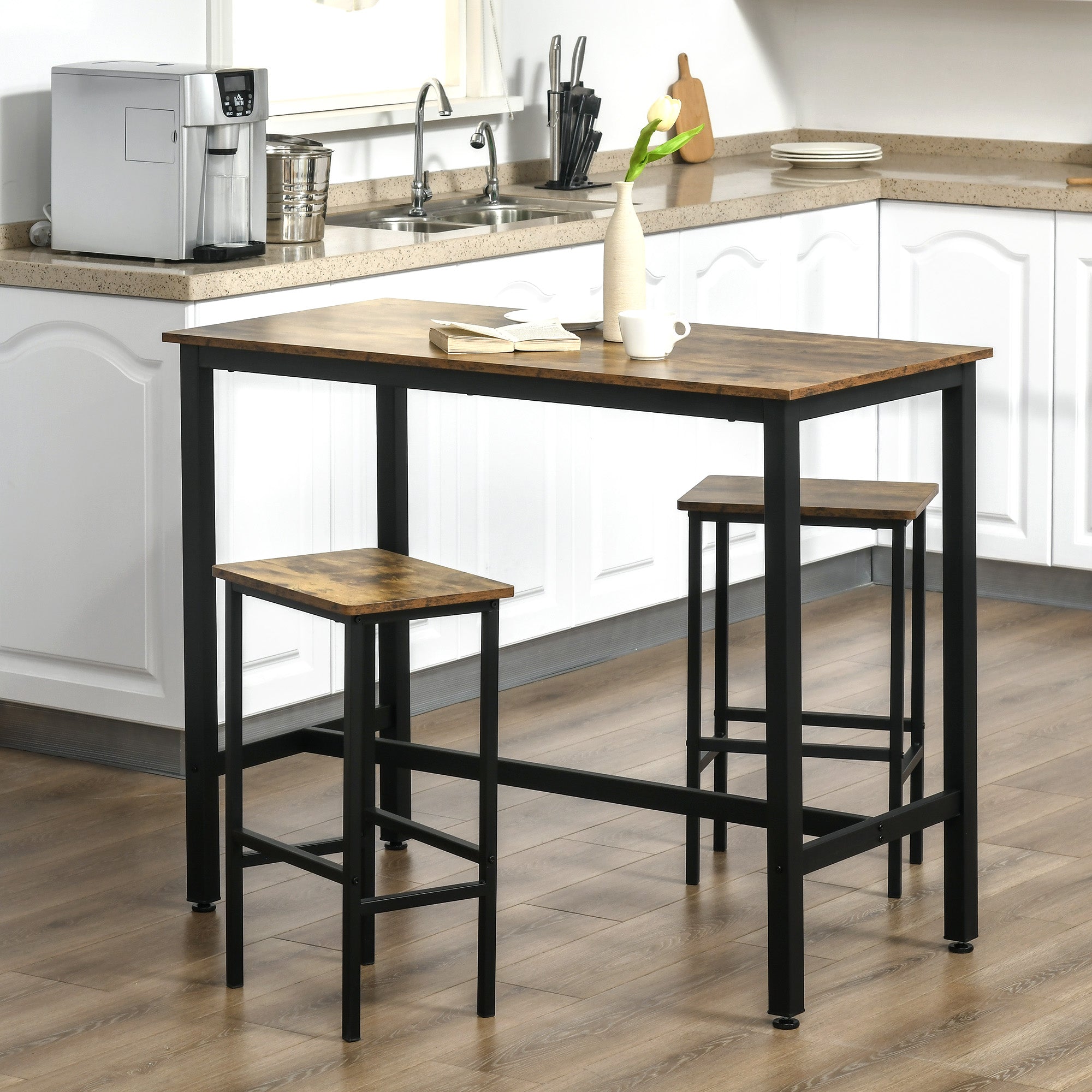 120x60cm Bar Table Set, Breakfast Table with 2 Stools, 3-Piece Counter Height Dining Table & Chairs for Kitchen, Living Room, Rustic Brown