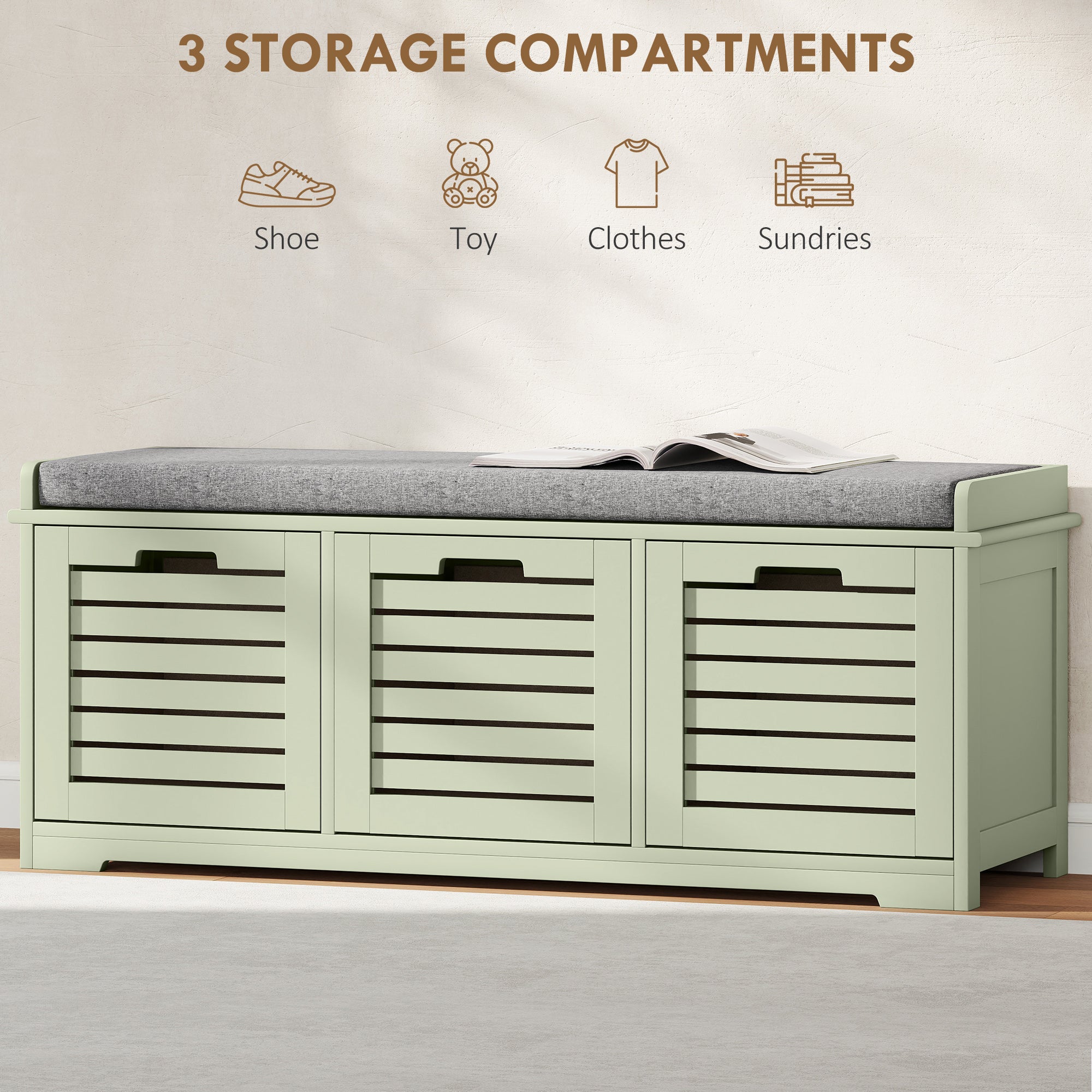 Fynco - 3-Drawer Shoe Storage Bench - Green