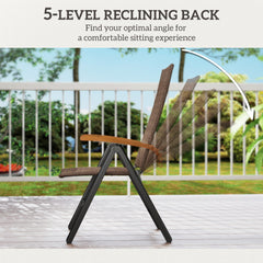 Folding Rattan Garden Dining Chair with 5-level Reclining High Back, Wood Armrests for Outdoor, Patio - Brown