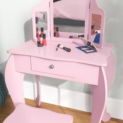 Fynco - Kids Vanity Table and Chair Set with Tri-Folding Mirror and Stool, Makeup Dressing Table with Drawer, Pink