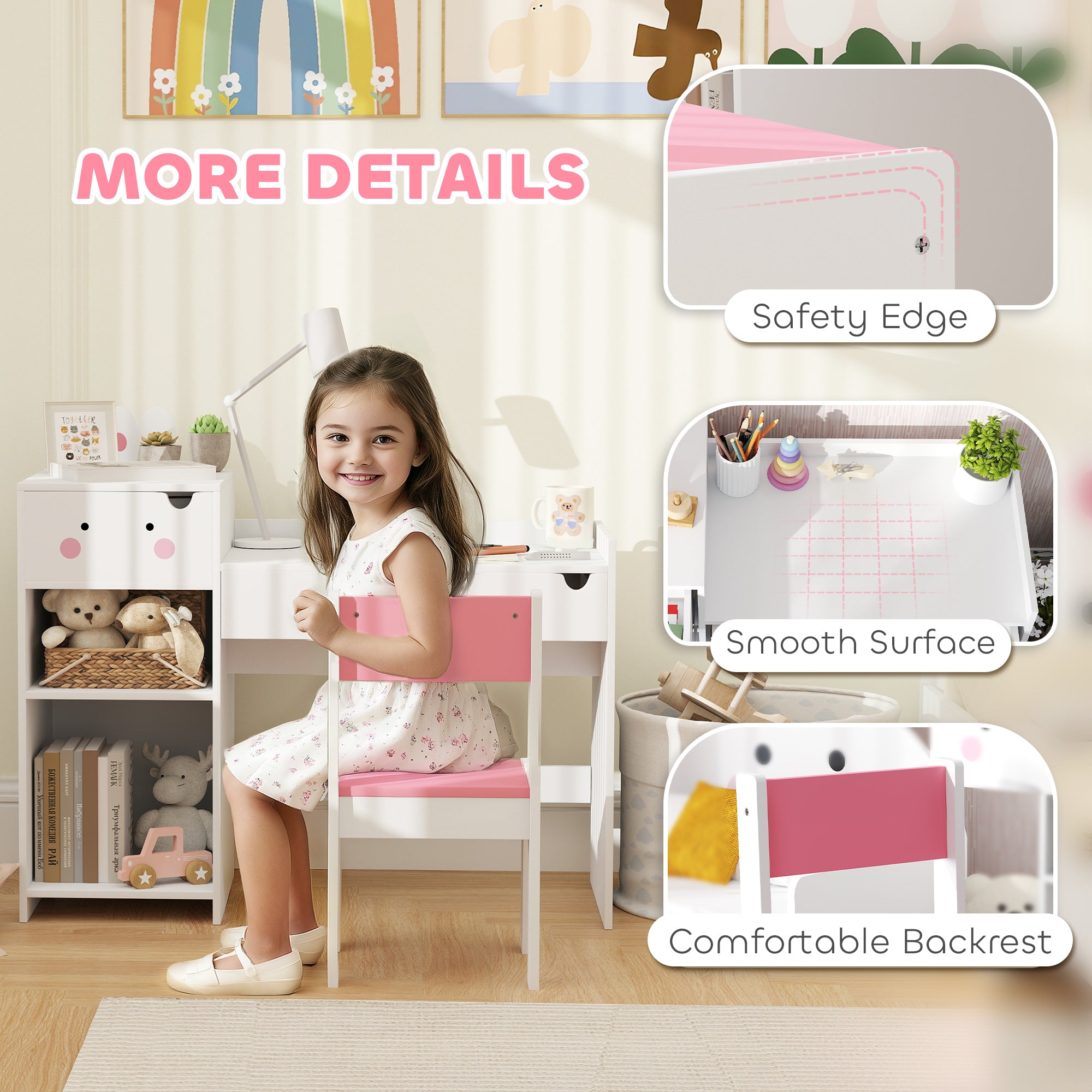 AIYAPLAY Rabbit-Themed Kids Desk and Chair Set with Bookcase, Drawers, Shelves, for Ages 3-6 Years, Whtie/Pink