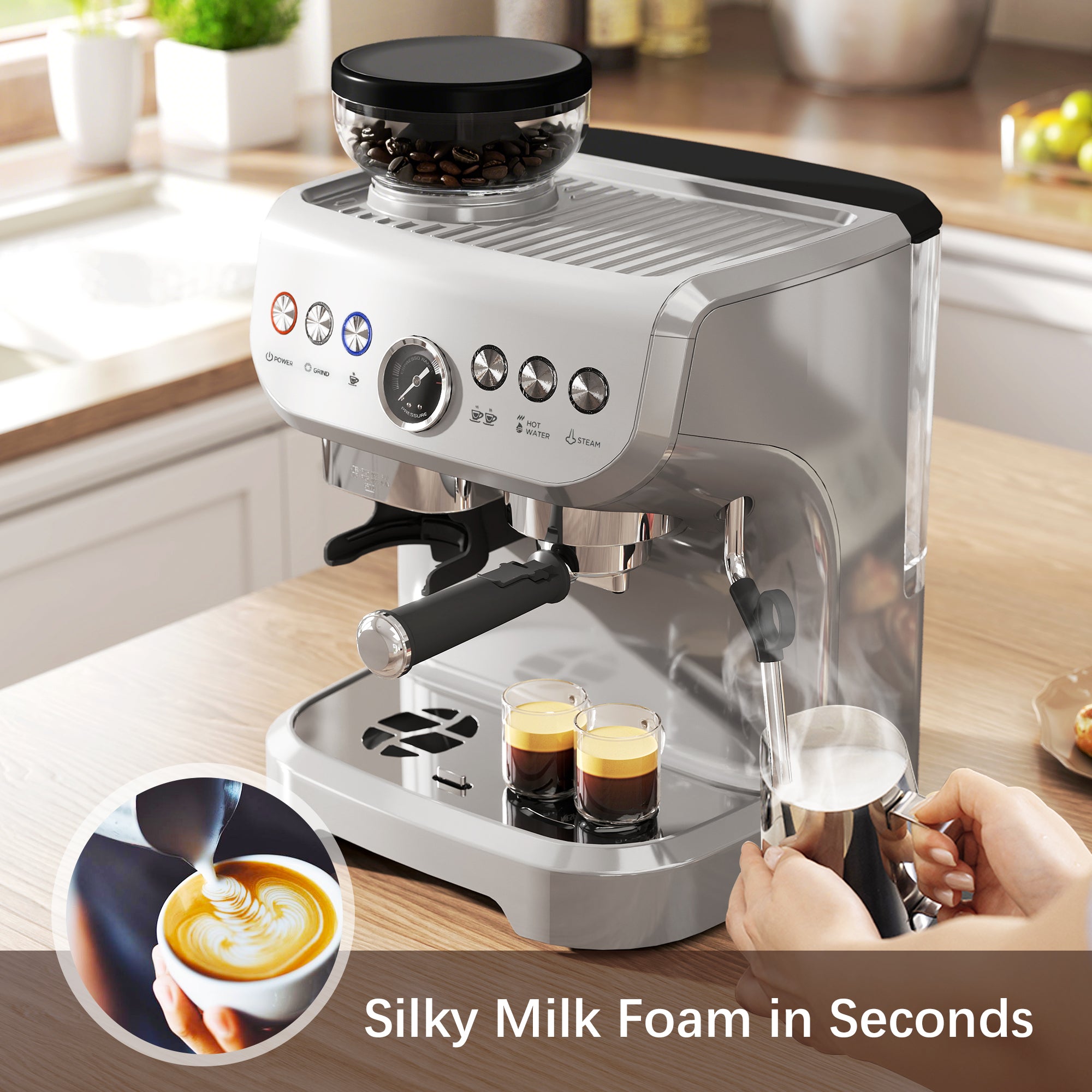 15 Bar Coffee Machine, with Adjustable Grind, Steamer and Accessories - Silver Colour