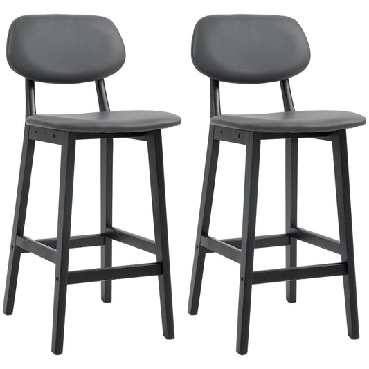 Bar Stools Set of 2, Breakfast Bar Chairs, PU Leather Upholstered Kitchen Stools with Backs, Footrests and Solid Wood Legs, Dark Grey