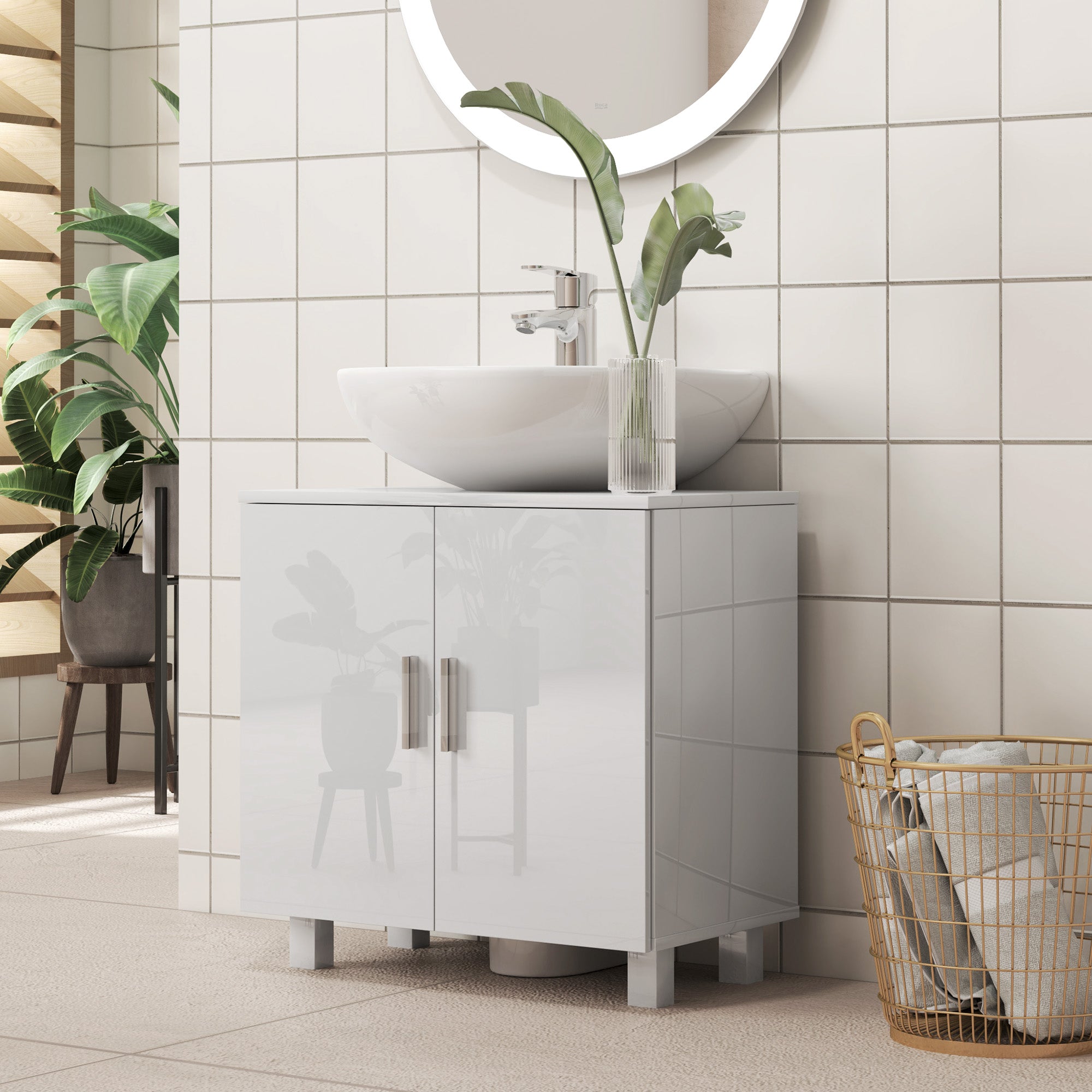Fynco - Bathroom Under Sink Cabinet for Basin without or with Pedestal - High Gloss White