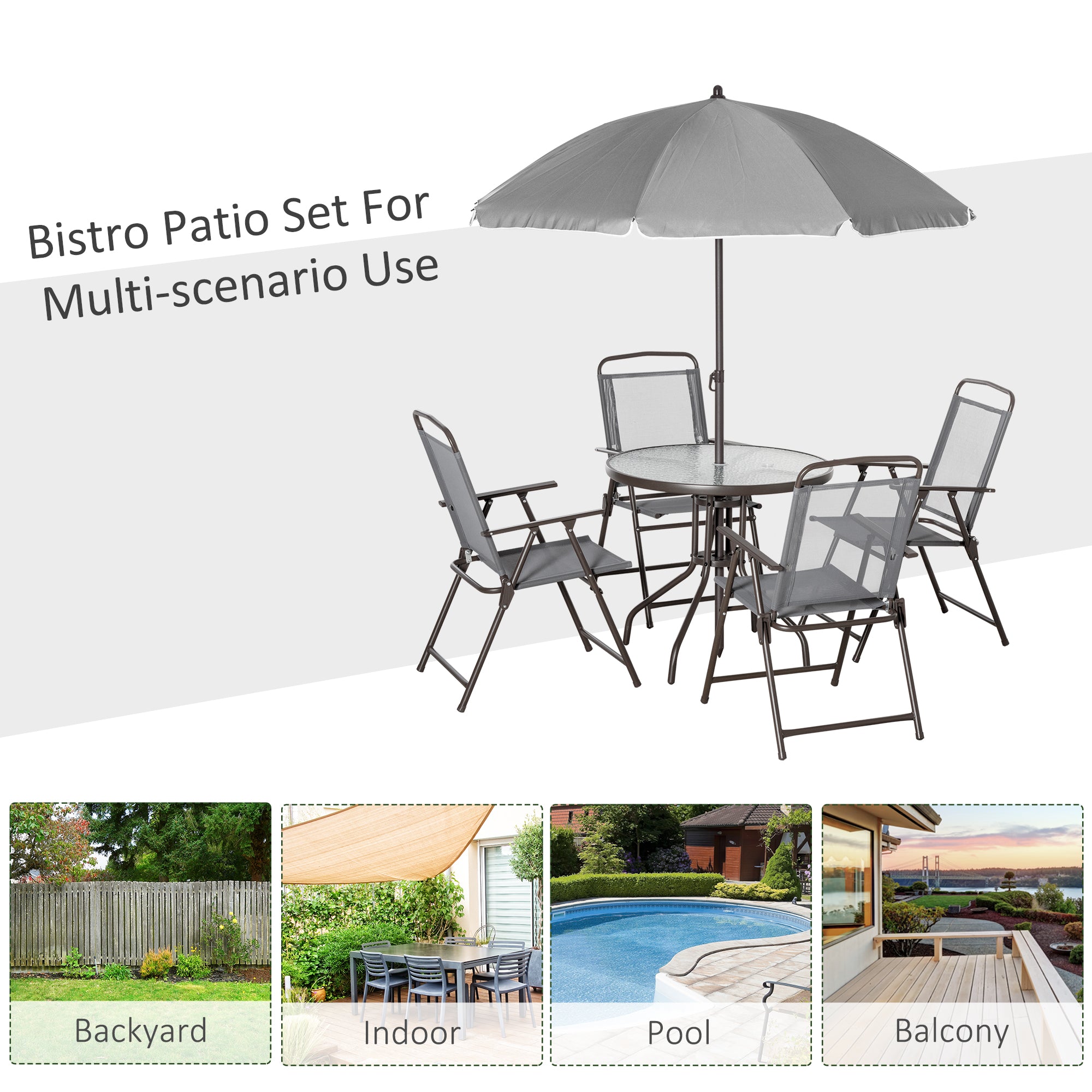 6 Piece Garden Dining Set with Umbrella, Outdoor Dining Sets with Parasol, 4 Folding Dining Chairs & Round Tempered Glass Table, Grey