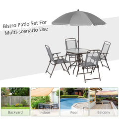 6 Piece Garden Dining Set with Umbrella, Outdoor Dining Sets with Parasol, 4 Folding Dining Chairs & Round Tempered Glass Table, Grey