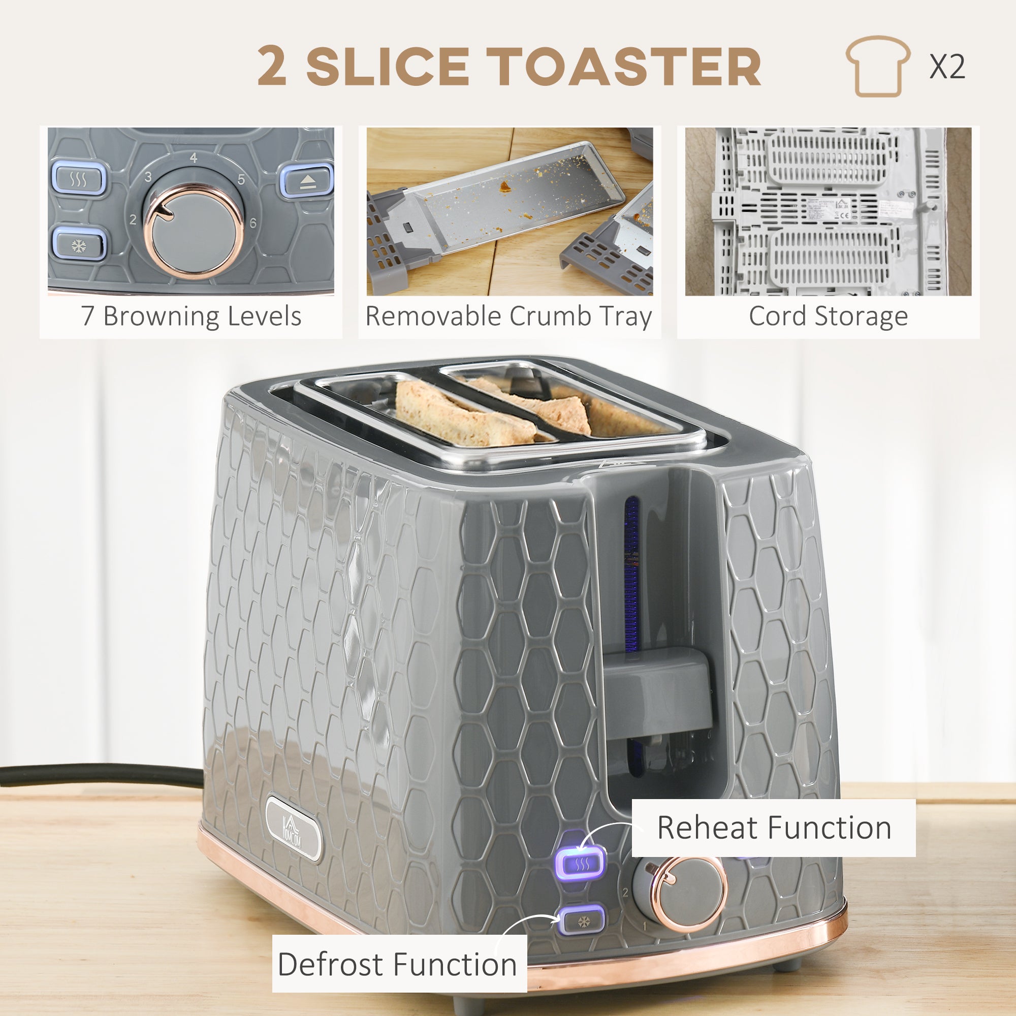 1.7L 3000W Fast Boil Kettle & 2 Slice Toaster Set, Kettle and Toaster Set with Auto Shut Off, Browning Controls, Grey