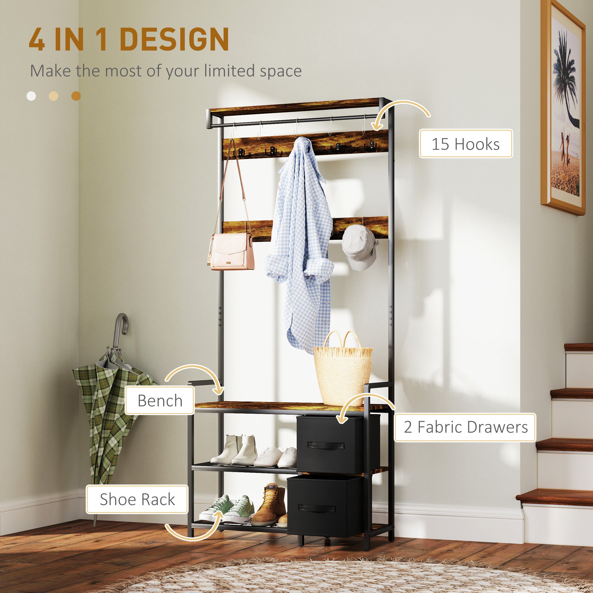 Industrial-Style Multi-Use Hallway Tree - Brown/Black