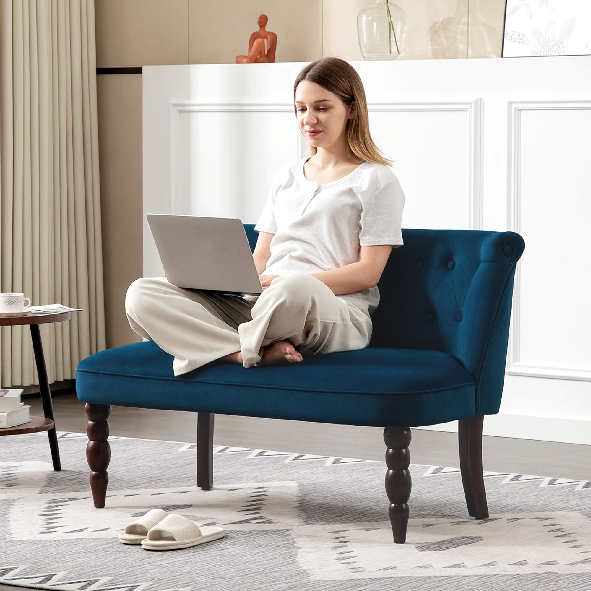 Fynco - Velvet 2 Seater Sofa, Button Tufted Wingback Loveseat with Rubber Wood Legs for Living Room, Bedroom, Dark Blue