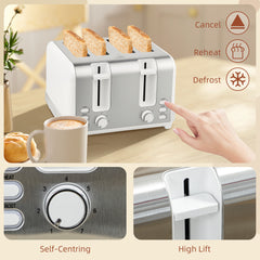 Stainless Steel Kettle and Toaster Set, 1.7L 3000W Rapid Boil Jug Kettle with UK Strix Thermostat, Limescale Filter, 4 Slice Toaster with 7 Browning Controls, Crumb Tray, White and Silver Tone
