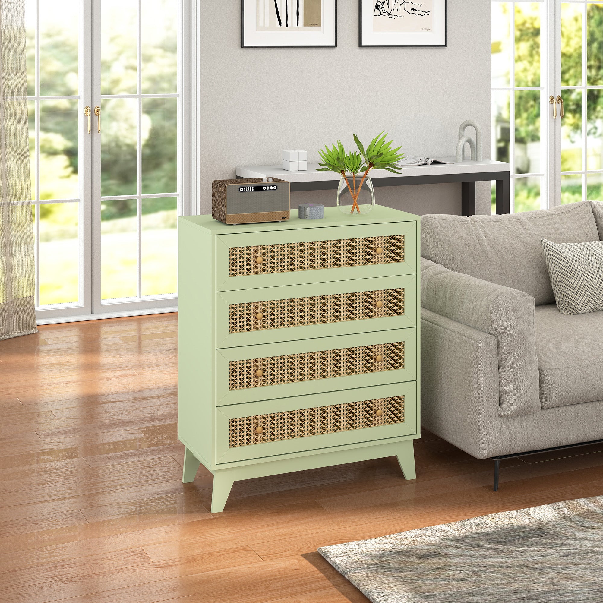 Chest of Drawers, 4-Drawer Storage Organiser Unit with Rattan Element for Bedroom, Living Room, Light Green