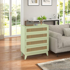 Chest of Drawers, 4-Drawer Storage Organiser Unit with Rattan Element for Bedroom, Living Room, Light Green