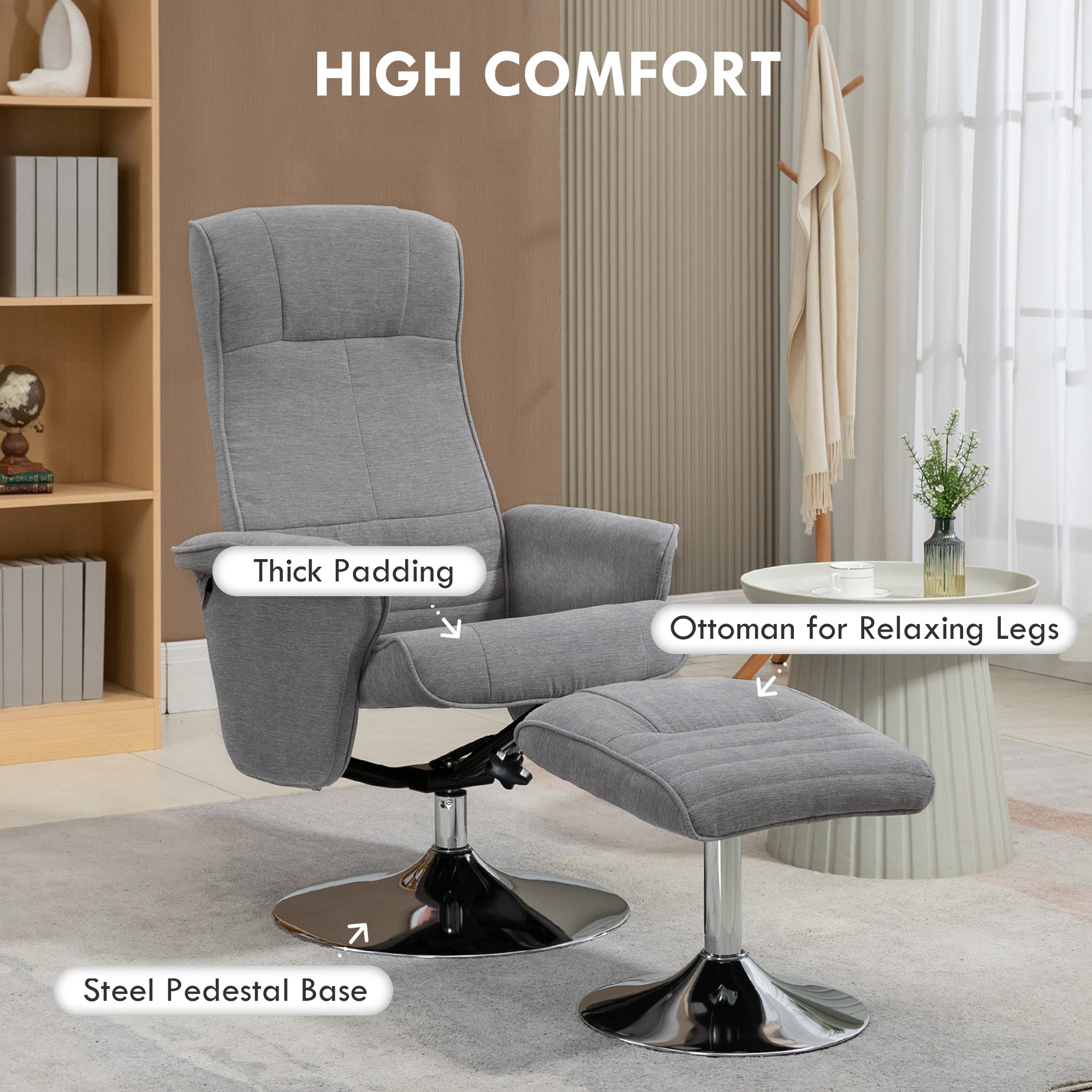 Fynco - Swivel Recliner Chair with Footstool, Velvet Recliner Armchair with Ottoman, Steel Base, Upholstered Reclining Chair for Living Room, Bedroom, Office, Grey