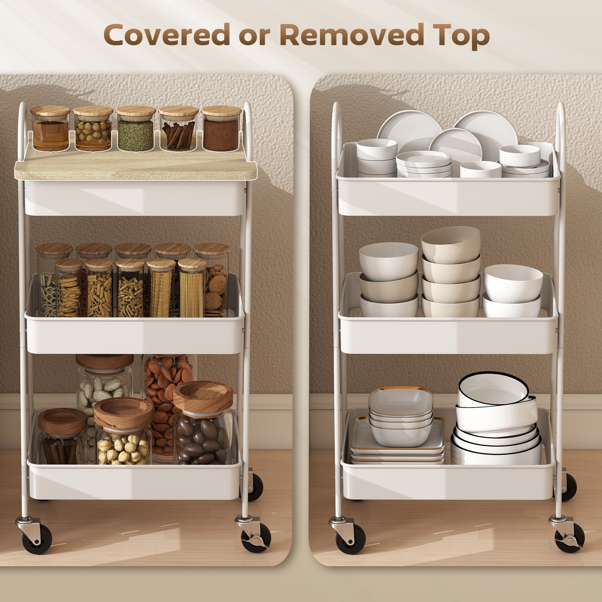 Fynco - 3-Tier Kitchen Storage Trolley with on Wheels Cover Top Board - White and Oak