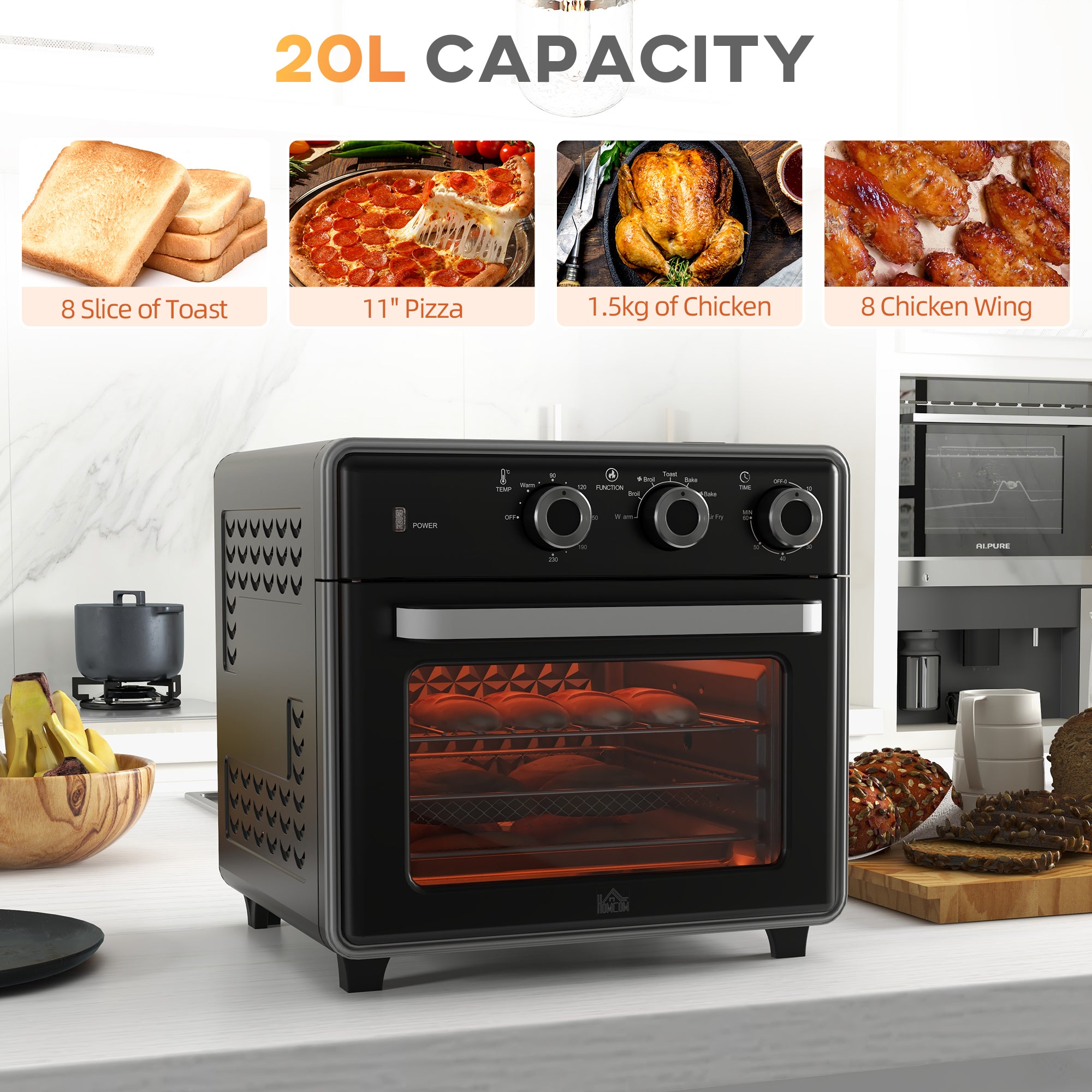 20L 90-230℃ Mini Convection Oven, with Air Fry Function - Black
