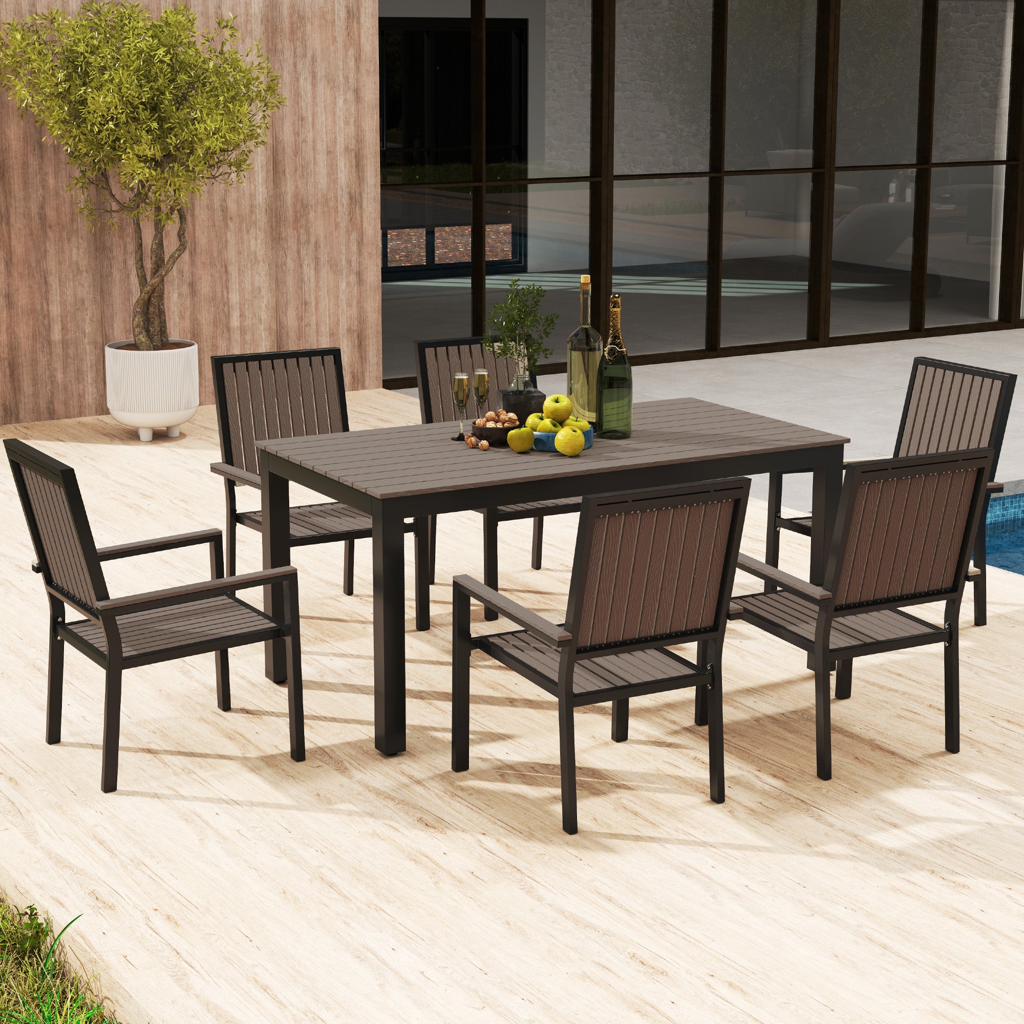 6 Seater Garden Dining Set with Stackable Chairs, Aluminium Frame, Rectangular Plastic Top, Garden Furniture Set, Outdoor Dining Table and Chairs for Patio, Balcony, Poolside, Brown