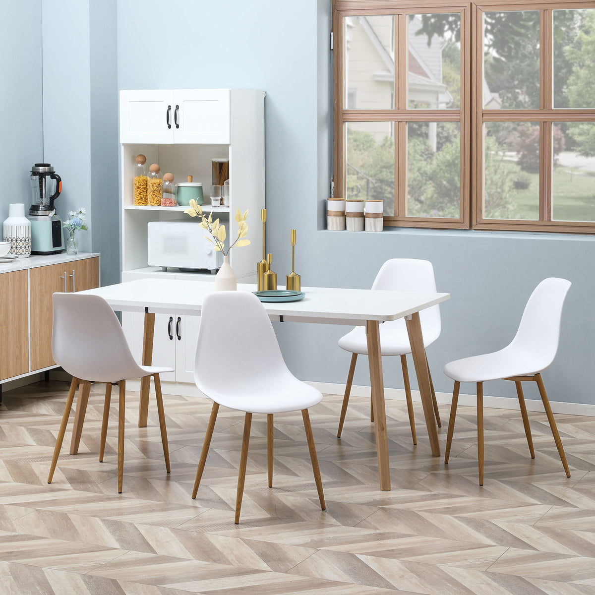 Modern Dining Chairs Set of 4, Kitchen Chairs with Backrest and Steel Legs for Dining Room, Living Room, White