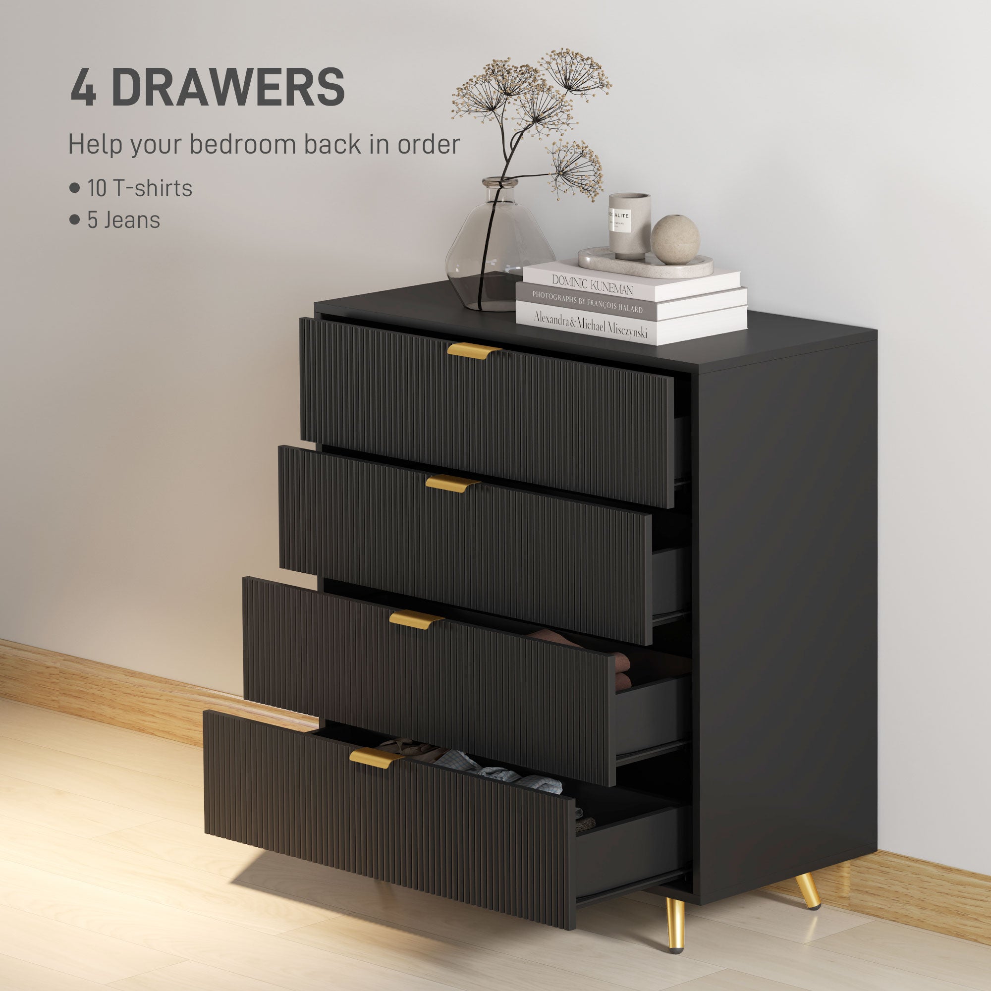 Elegant Four-Drawer Bedside Table - Black