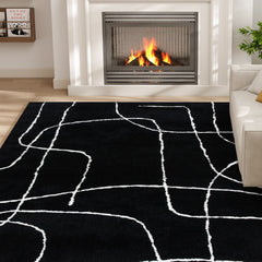 Fynco - Modern Fluffy Area Rug, Geometric Pattern Washable Rug, Soft High Pile Floor Carpet for Living Room, Bedroom, Dining Room, Home Office, 170 x 120 cm, Black