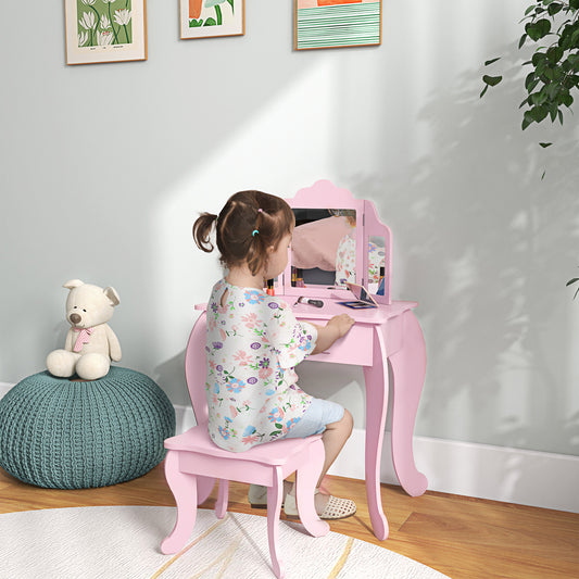 Fynco - Kids Vanity Table and Chair Set with Tri-Folding Mirror and Stool, Makeup Dressing Table with Drawer, Pink