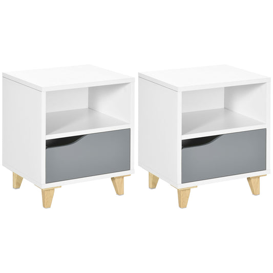 Set of 2 Modern Bedside Tables with Shelves, Drawers and Wood Legs, 36.8cm x 33cm x 43.8cm, White and Grey
