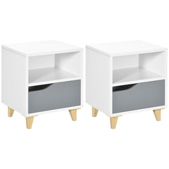 Set of 2 Modern Bedside Tables with Shelves, Drawers and Wood Legs, 36.8cm x 33cm x 43.8cm, White and Grey