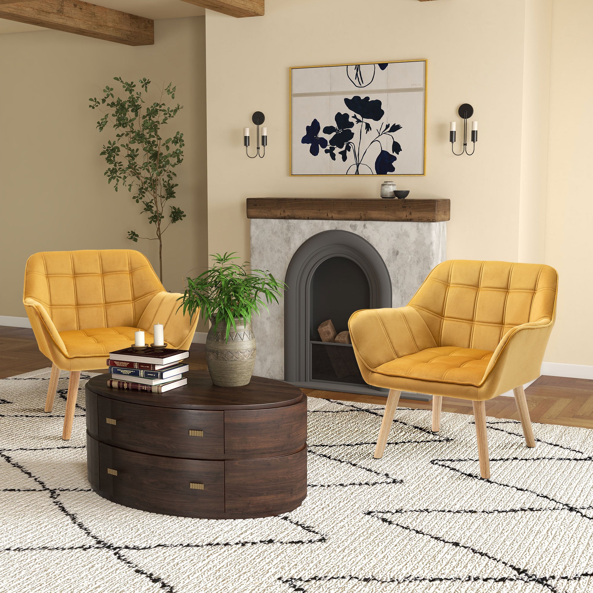 Armchair Accent Chair, Vanity Chair with Wide Arms, Slanted Back, Padding, Metal Frame, Wooden Legs, Home Bedroom Furniture Seating, Set of 2, Yellow