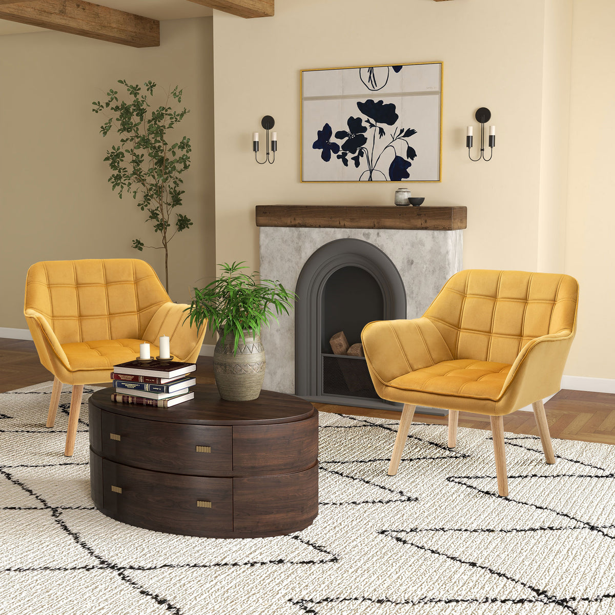 Armchair Accent Chair, Vanity Chair with Wide Arms, Slanted Back, Padding, Metal Frame, Wooden Legs, Home Bedroom Furniture Seating, Set of 2, Yellow