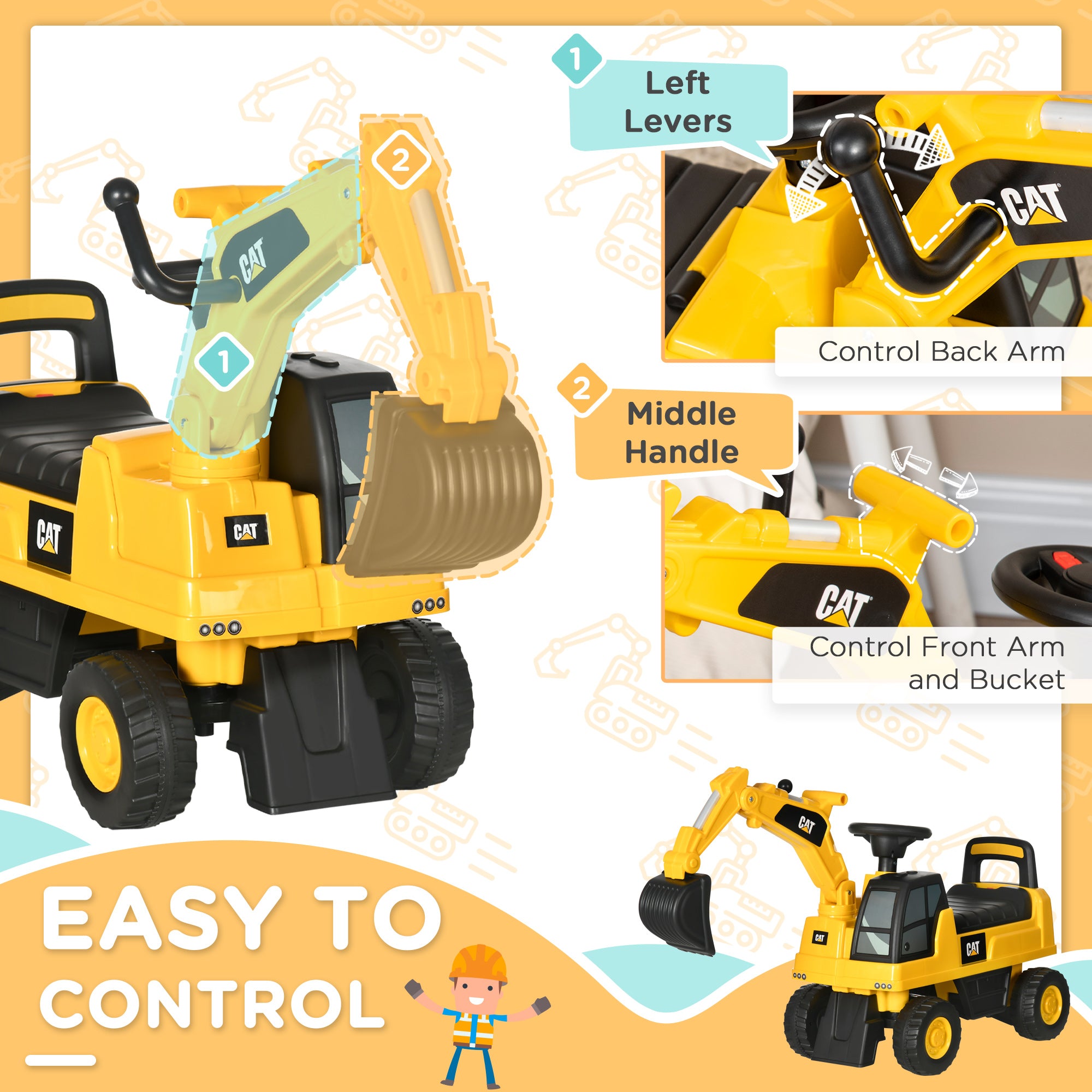 CAT Licensed Kids Ride on Digger Toddler Pretend Construction Play Toy Foot-To-Floor Ride-On Toy w/ Manual Shovel, Horn, Hidden Storage, for Ages 1-3 Years