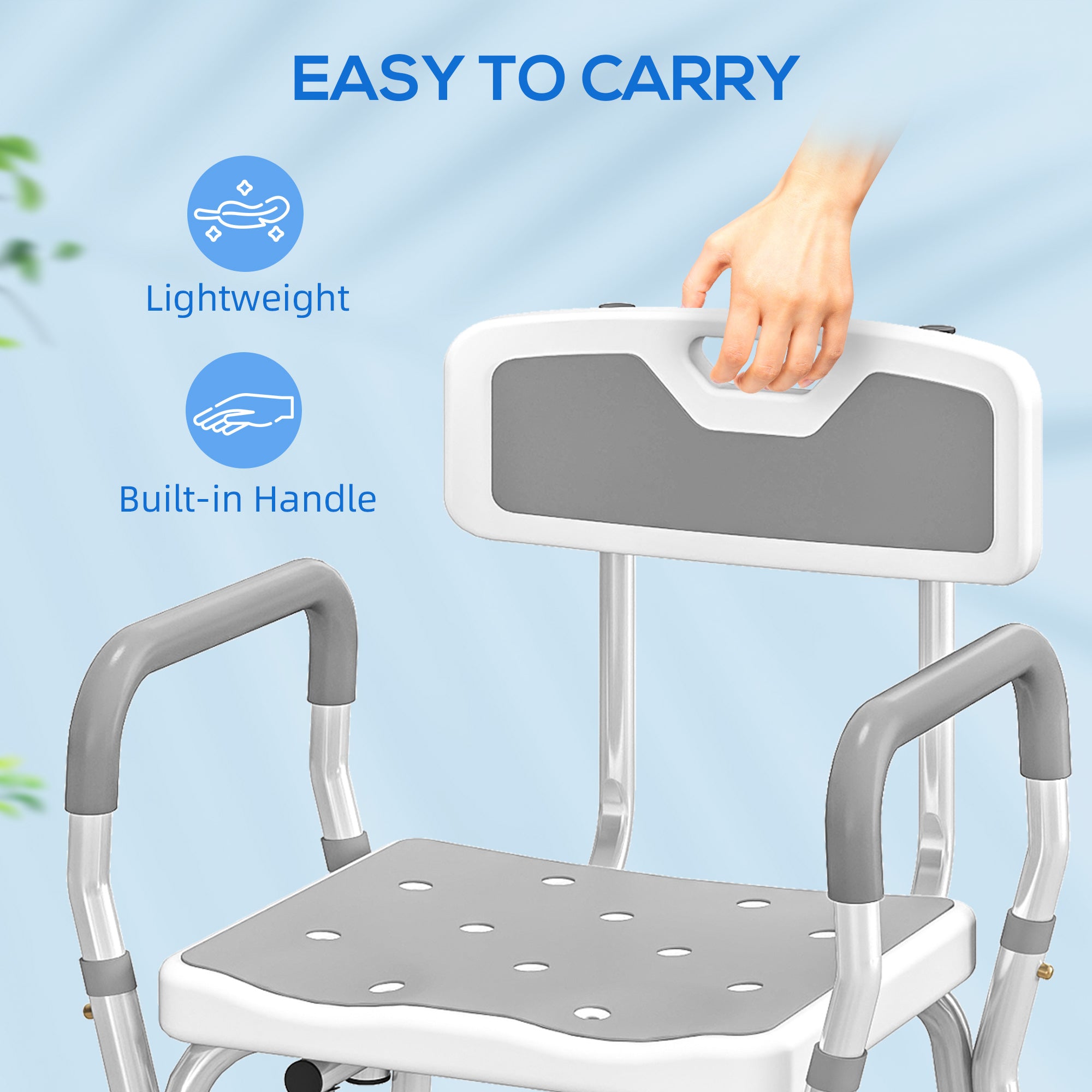Fynco - EVA Padded Shower Chair for the Elderly and Disabled, Height Adjustable Shower Stool with Back and Arms, 4 Suction Foot Pads, Light Grey