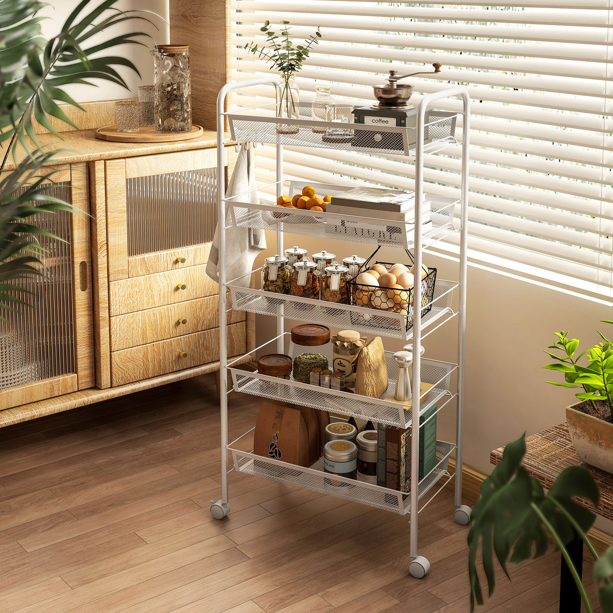 Five-Steel Mesh Basket Storage Trolley, with Wheels - White