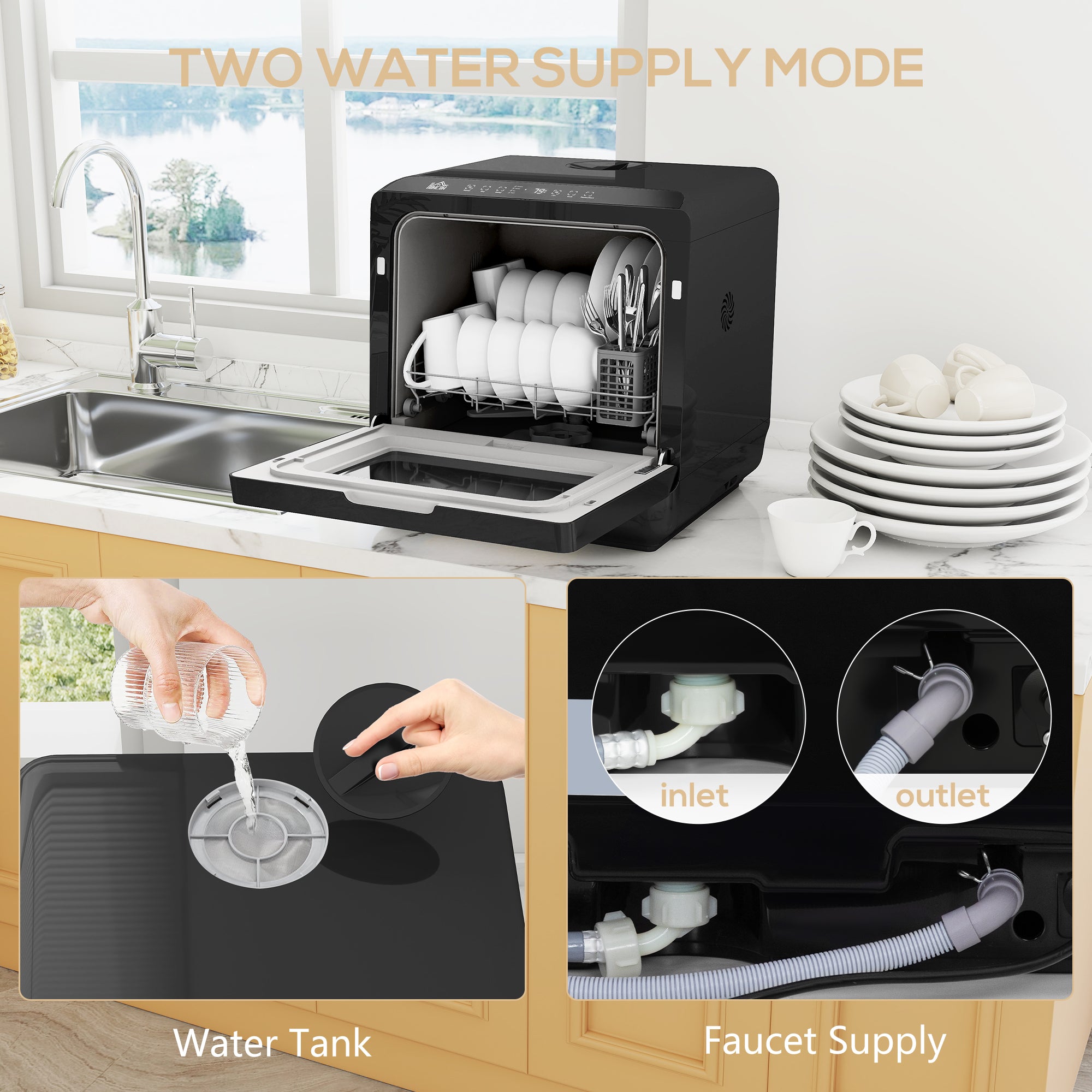 Fynco - Table Top Dishwasher with Built-in 6L Water Tank, Mini Countertop Dishwasher with 6 Programs, 4 Place Settings, Black