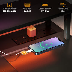 Fynco - LED Computer Desk, with Power Outlets and Shelves - Carbon Fibre Grey