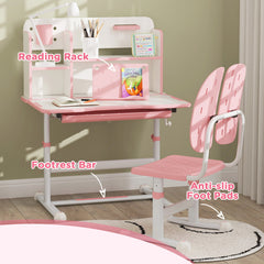 AIYAPLAY Height Adjustable Kids Desk and Chair Set, Children School Study Desk with Tiltable Desktop, Reading Rack, Pink