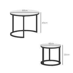 Glass Coffee Table Set of 2, Round Nest of Tables with Marble-Effect Tempered Glass Tabletop and Steel Frame, Modern Side Tables for Living Room, White