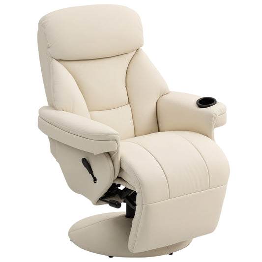 Fynco - Manual Recliner Chair with Footrest, Upholstered Reclining Armchair with Adjustable Backrest and Cup Holder, PU Leather Swivel Chair for Living Room, Bedroom, Cream White