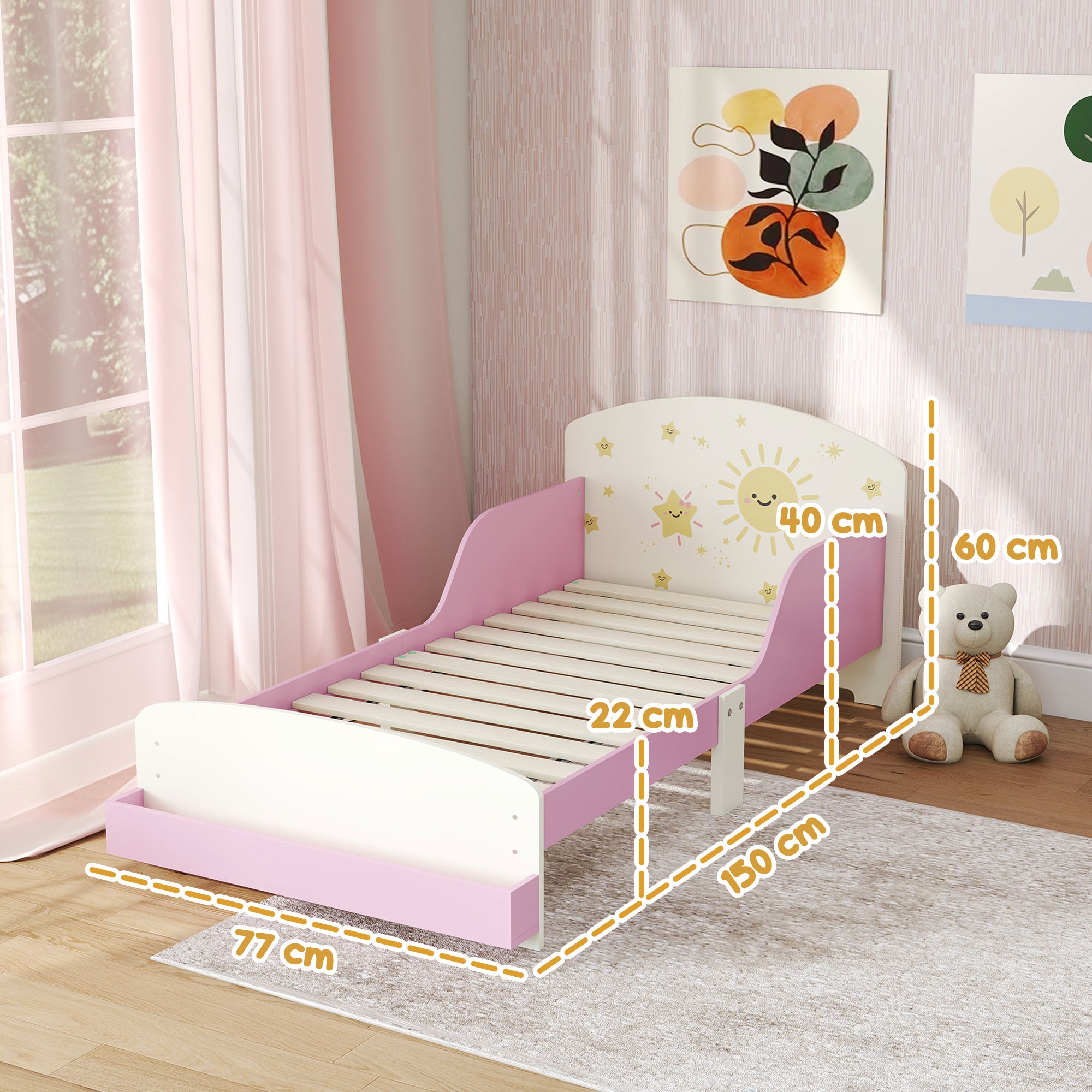 AIYAPLAY Toddler Bed with Storage, Guardrails, Sun Design, for Ages 3-8 Years, Fits 140 x 70cm Mattress,