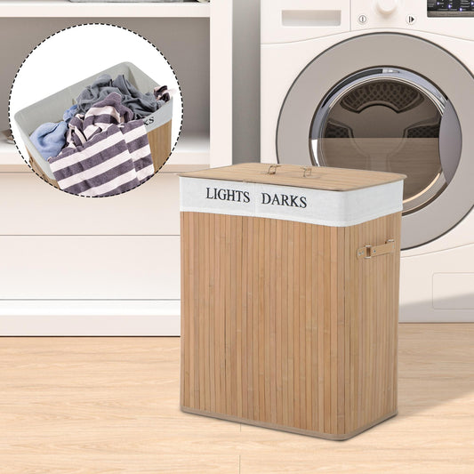 100L Collapsible Natural Wood Laundry Hamper Organizer Clothes Washing Basket Bin Storage Box w/Lid Removable Lining 52x32x63cm, Wood Color