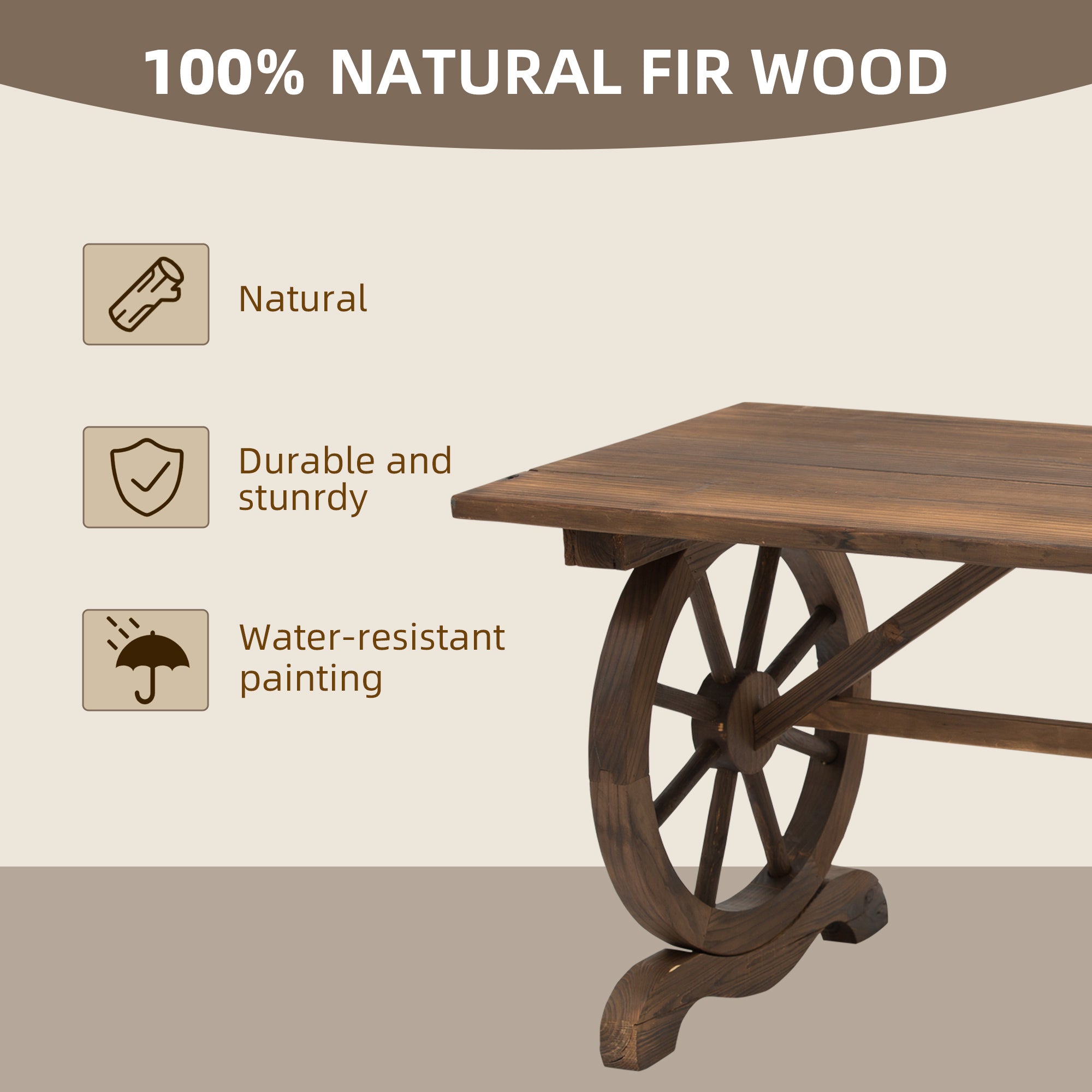 Wooden Garden Dining Table, Wagon Wheel Outdoor Coffee Table with 3 cm Wood Top for Patio, Balcony, Terrace, 110 x 60 x 65 cm, Carbonised Finish