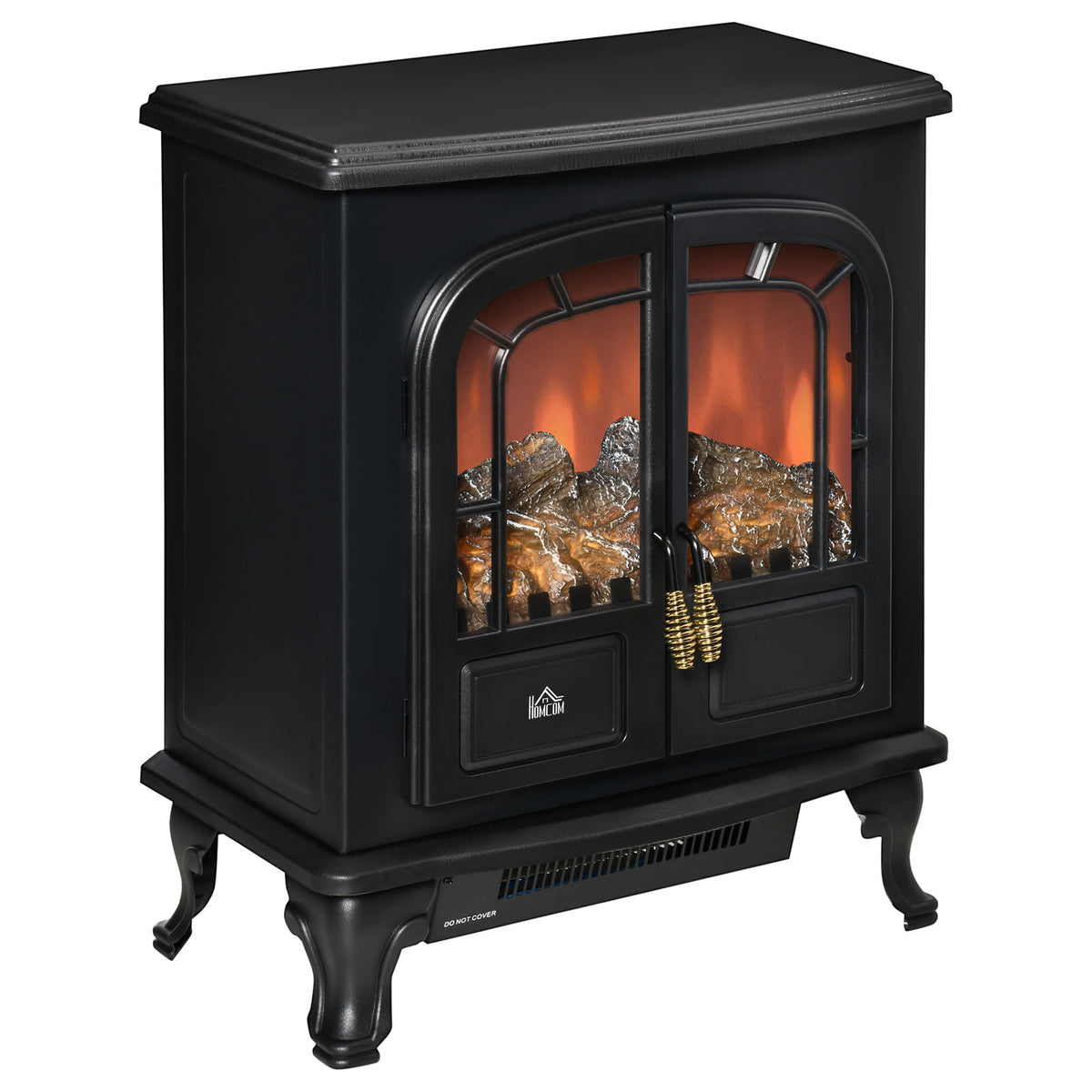 Fynco - Electric Fireplace Stove Heater with LED Fire Flame Effect, Double Door, Freestanding & Portable with Overheat Protection, 1000W/2000W, Black